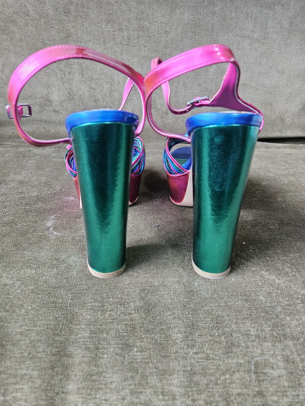 Pink/Jade Green/Blue Metallic Multi-Strap Platform High Heel Sandals - Picture 3 of 4